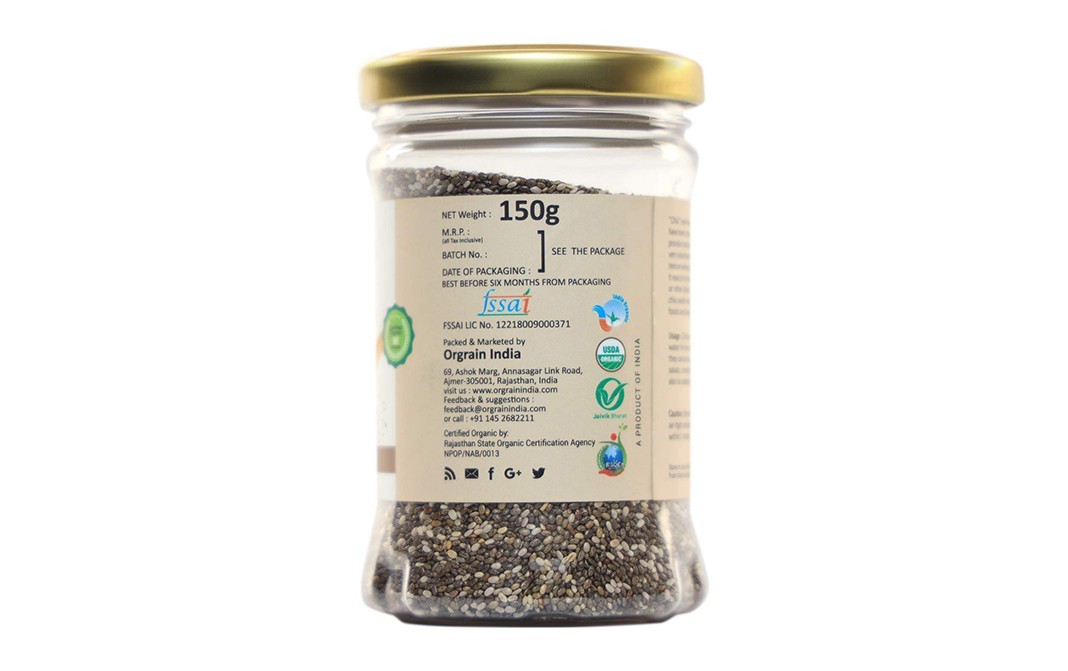 Orgrain India Organic Chia Seeds    Glass Jar  150 grams